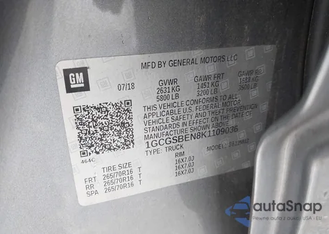 2019 Chevrolet Colorado Wt из США, поврежденный, VIN 1GCGSBEN8K1109036